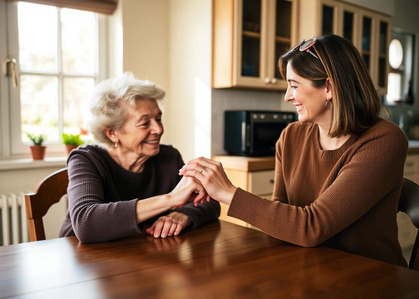 Adult daughter holding mother's hand