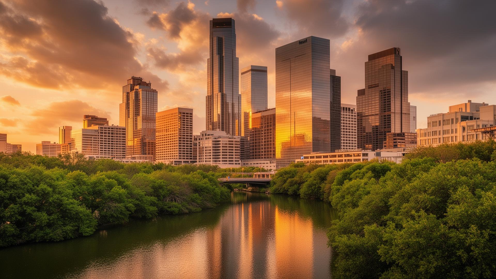 Houston Texas downtown skyline at golden hour